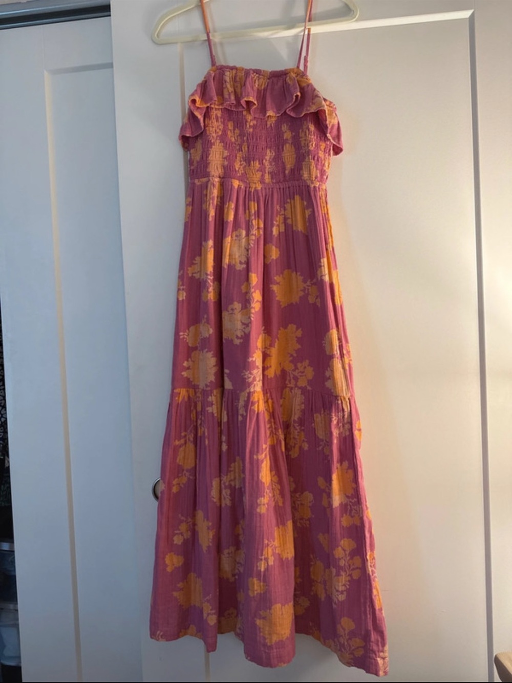 Pink Floral Maxi Dress with Ruffle Bodice